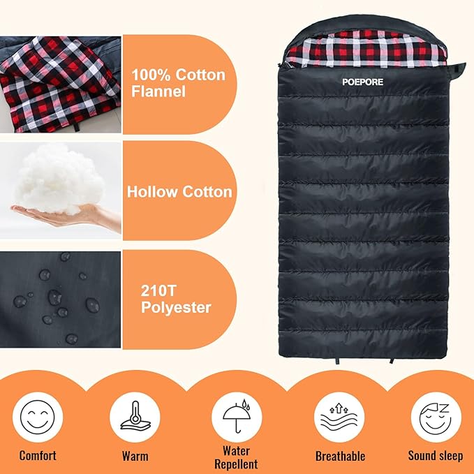 0 Degree Sleeping Bag 100% Cotton Flannel XXL Cold Weather Winter Oversized Sleeping Bag for Adults Camping Zero Degree Big and Tall with Compression Sack