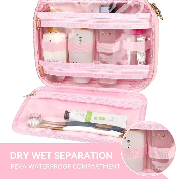 Voova Hanging Travel Toiletry Bag for Women Men, Waterproof Makeup Cosmetic Organizer Holder for Toiletries Accessories, Traveling Essentials,Shampoo,Full-Sized Container, Brushes Kit Set, Pink