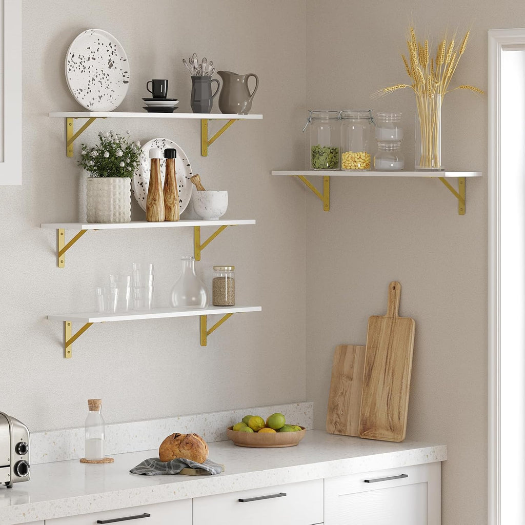 DINZI LVJ Long Wall Shelves, Set of 4, 31.5Inch Wall Mounted Shelves, Floating Shelves for Wall Storage with Metal Brackets, for Living Room, Bathroom, Bedroom, Kitchen, White and Gold