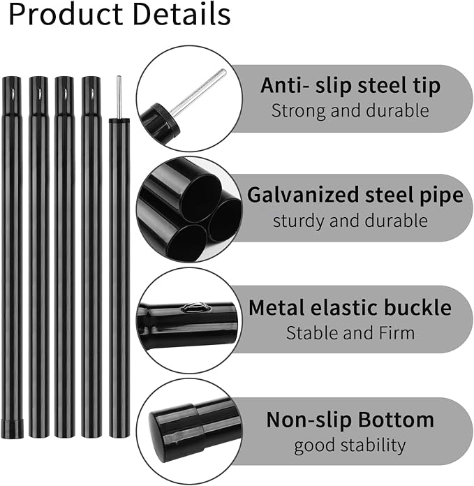 Neween Heavy Duty Tent Poles for Tarp Adjustable Camping Tarp Poles Set of 2, 74.8in Collapsible Tent Pole with a Diameter of 1in for Backpacking Hiking Awning Canopy Rain Fly Shelter (Black)