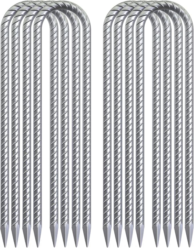 Trampoline Wind Stakes 16 Inch, 3/8" Diameter Heavy Duty U Shaped Rebar Tent Fence Stakes for Ground, Galvanized Trampoline Tie Down Anchor Kit 16 Pack