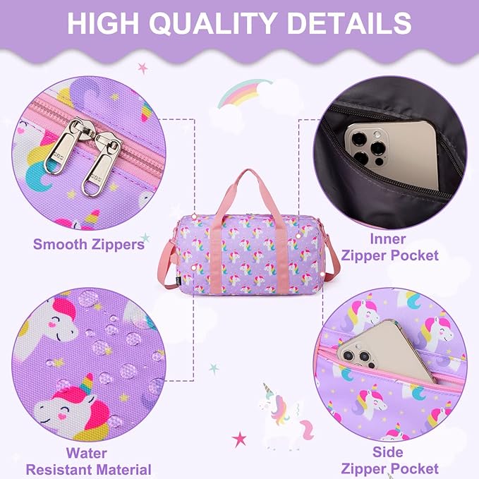 Dance Bag Girls, RAVUO Kids Duffle Bag Unicorn Overnight Travel Gym Bag with Shoe Compartments Sports Ballet Bag Teens Weekender Sleepover Carry On Bag