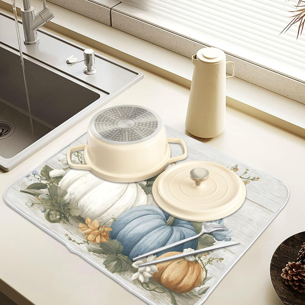 Fall Blue Orange Grey Pumpkin Thanksgiving Dish Drying Mat for Kitchen Counter Absorbent Microfiber Small Drying Pad Dish mats for Kitchen Countertops 16 x 18 Inch