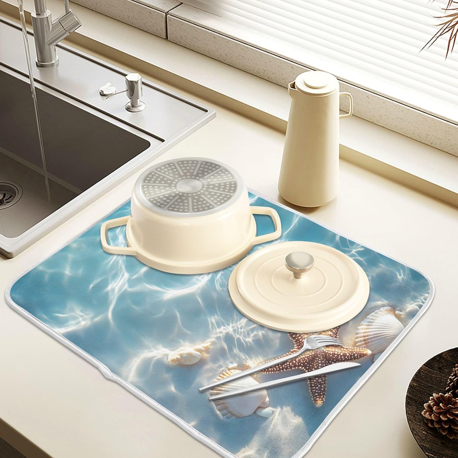 Starfish and Seashell on The Summer Beach Dish Drying Mat for Kitchen Counter Absorbent Microfiber Large Drying Pad Dish mats for Kitchen Countertops 18 x 24 Inch