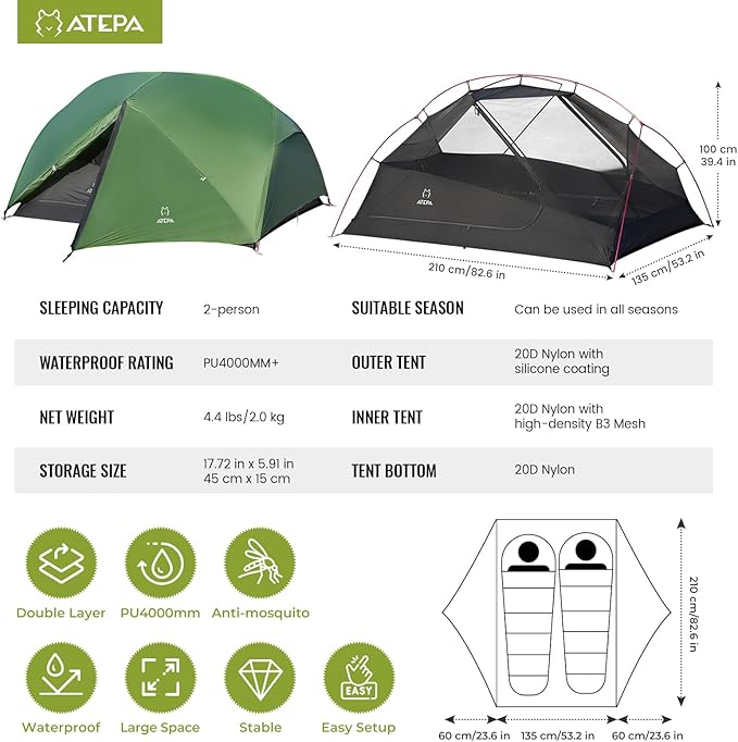 ATEPA Ultralight Backpacking Tent, 2 Person 1 Person Nylon Lightweight 4000MM+ Waterproof Windproof Portable Tent with Aluminum Frame & Rainfly for Backpacking Hiking Camping Motorcycle, 4 Season