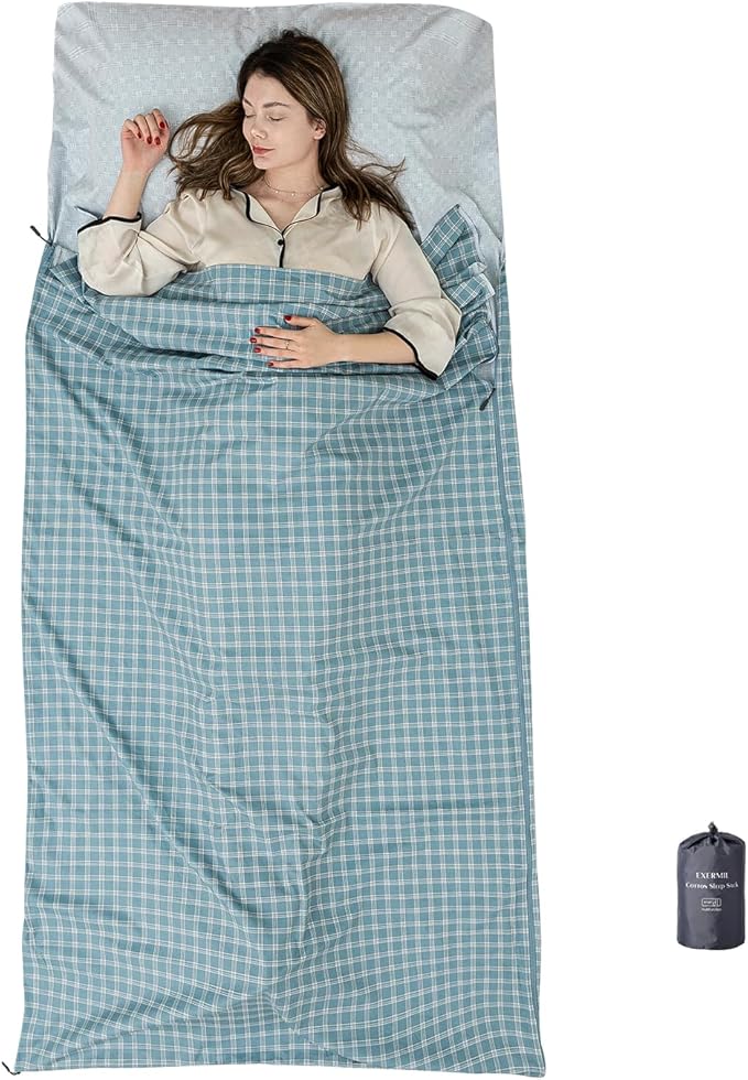100% Cotton Sleeping Bag Liner with Full Length Zipper on 3 Sides; Single/Double Adult Sleep Sack for Travel & Camping, Multifunctional Travel Sheets (Unzipped 87”x87”) for Hotel, Lightweight