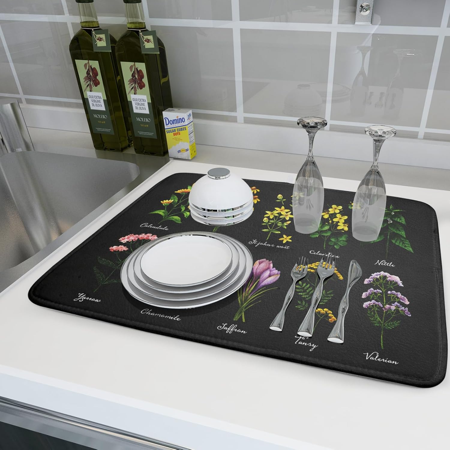 Black Flower Herbs Dish Drying Mat 18x24 Inch Botanical Floral Microfiber Drying Mats with Hanging Loop Foldable Absorbent Dish Drainer Rack Pad