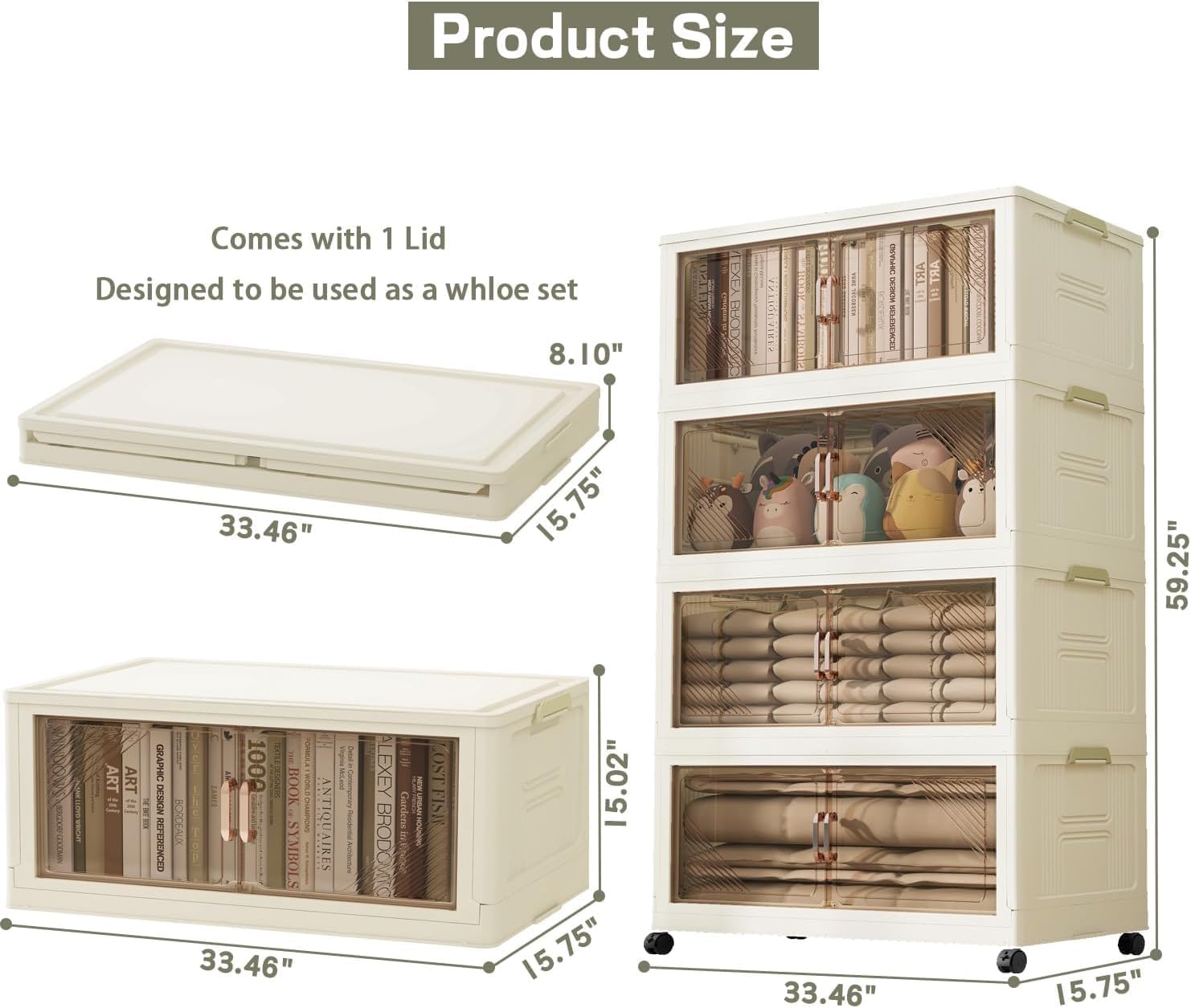 KHNR 4Packs Stackable Storage Bins with Lid, 36 Gal Closet Organizer and Storaging Drawer, Collapsible Storage Box with Wheels, Plastic Clothes Storage Cabinet Containers for Home and Office