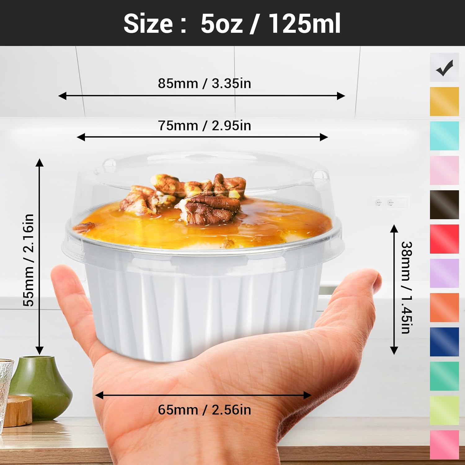 EUSOAR Aluminum Baking Cups, 60pcs 5oz Disposable Mini Foil Cupcake Liners Ramekins Cups with Lids for Baking, Aluminum Dessert Cheesecake Creme Brulee Cups Pan Containers for Oven-White