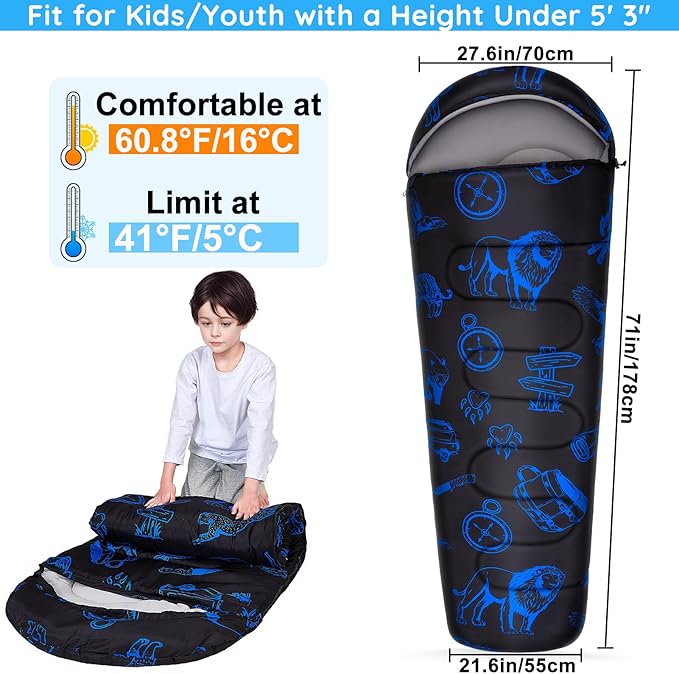 FIOBEE Kids Sleeping Bag for Girls Boys 3 Season Warm & Cool Weather Youth Camping Sleeping Bags with Backpacking Bag Waterproof for Traveling Hiking Indoor Outdoor Camping Essentials