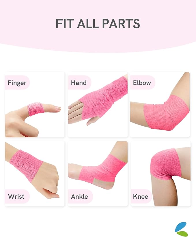 FriCARE Self Adhesive Bandage Wrap, Medical Tape in First Aid Kit, Cohesive Bandages for Wounds Sport Vet, FSA/HSA Eligible, 2 Inches X 5 Yards 6 Rolls, Fluorescent Pink