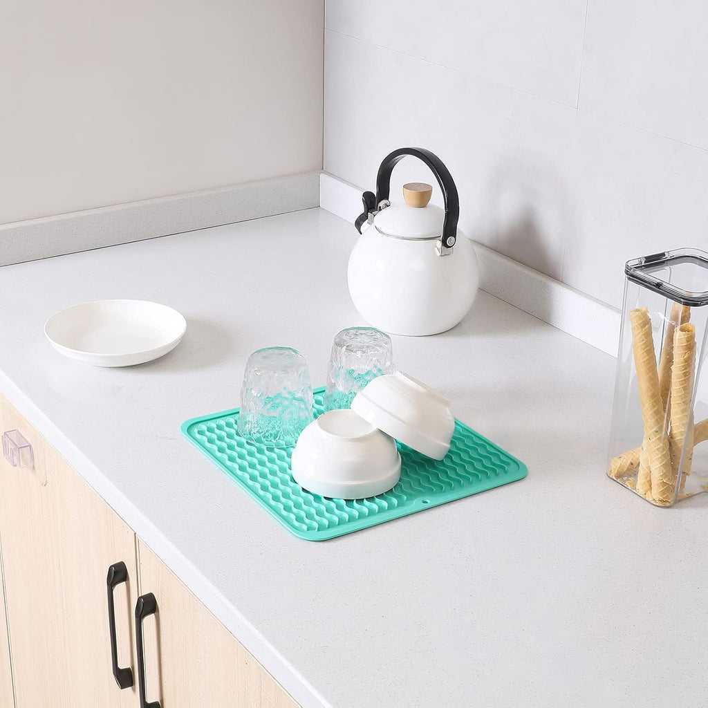 Silicone Dish Drying Mat for Multiple Usage,Easy clean,Eco-friendly,Heat-resistant Silicone Mat for Kitchen Counter or Sink,Refrigerator or Drawer liner Mint M 12 inches x 12 inches