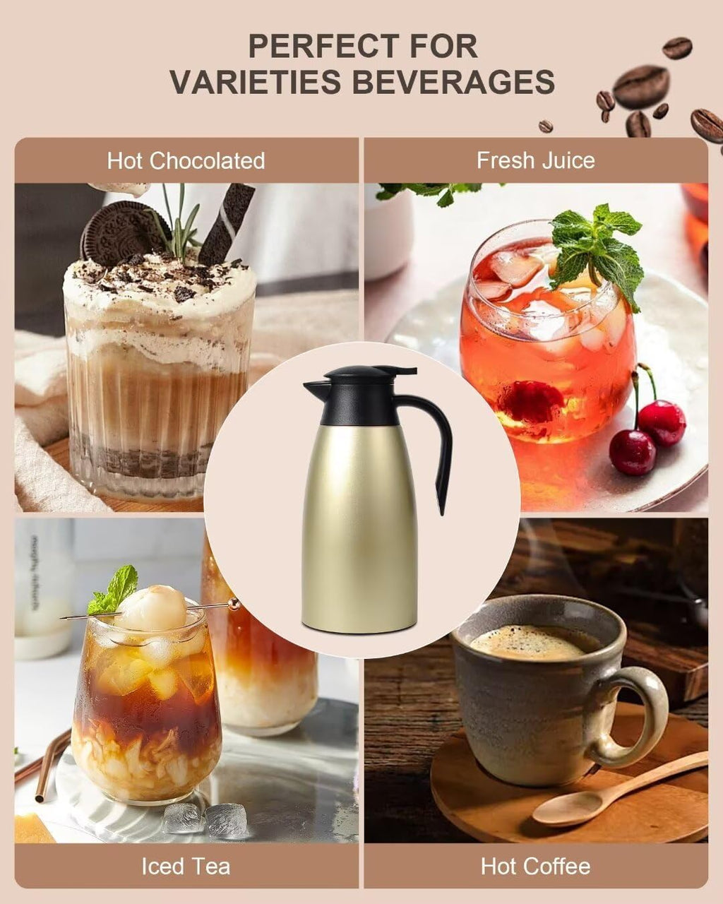 1.9L Thermal Coffee Carafe for keeping hot, Carafe for hot liquid, Airpot Insulated Coffee Carafe Stainless Steel Vacuum Thermal Pot for Coffee, Hot Water, Tea, Keep Hot 24 Hours (2 gold)