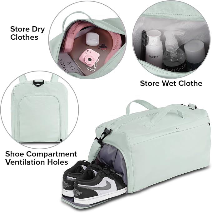 Sports Travel Gym Bag for Women, Workout Duffel Overnight Shoulder with Shoes Compartment and Wet Pocket Ladies Weekend Carry on Luggage Bags for Airplane Beach Mint Green