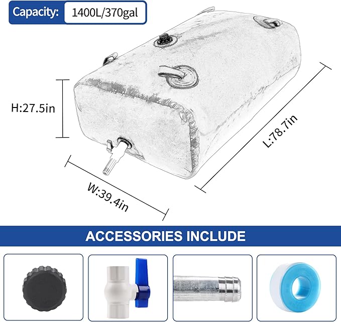 1400 L/370 Gal Water Bladder Tank, Foldable Portable Water Storage Container, Emergency Water Bag for RV, Truck Bed, Fire Prevention, Drought Resistance, Blue