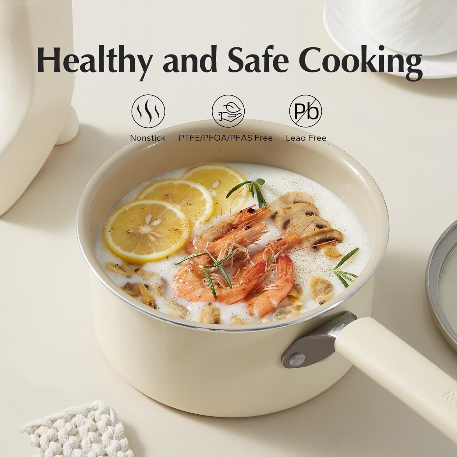 Redchef Ceramic Nonstick Saucepan with Lid, 3QT Small Cooking Pot, Non Toxic Sauce Pans for Kitchen, Cool Handle PFAS Free Compatible with All Cooktops, White