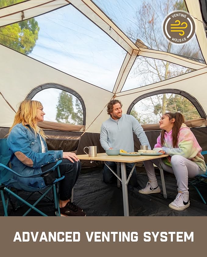 FanttikOutdoor Instant Cabin Tent 6/8/10/12 Person Camping Tent Setup in 60 Seconds with Rainfly & Windproof Portable with Carry Bag for Family Camping & Hiking, Upgraded Ventilation, Khaki