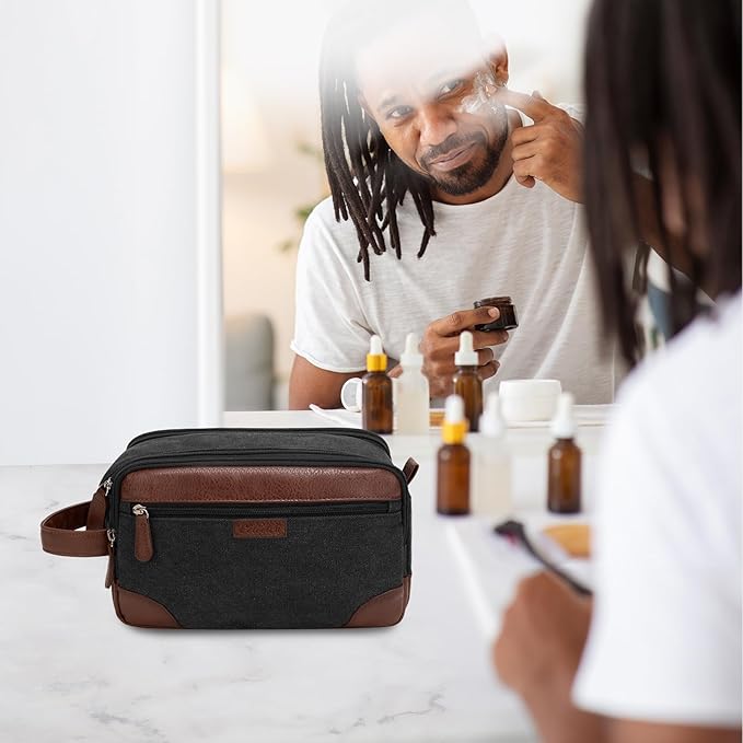 Travel Toiletry Bag for Men - Canvas Toiletries Bag with Multiple Pockets Large Hanging Dopp Kit Travel Bag for Toiletries Essentials Accessories - Dark Grey