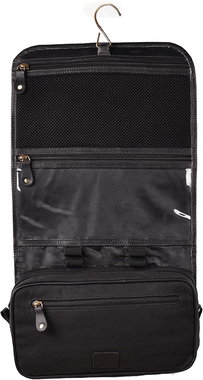 LEATHER VILLAGE Hanging Toiletry Bag for Men & Women, Handcrafted Vintage Cosmetic & Shaving Organizer Travel Dopp Kit- Black
