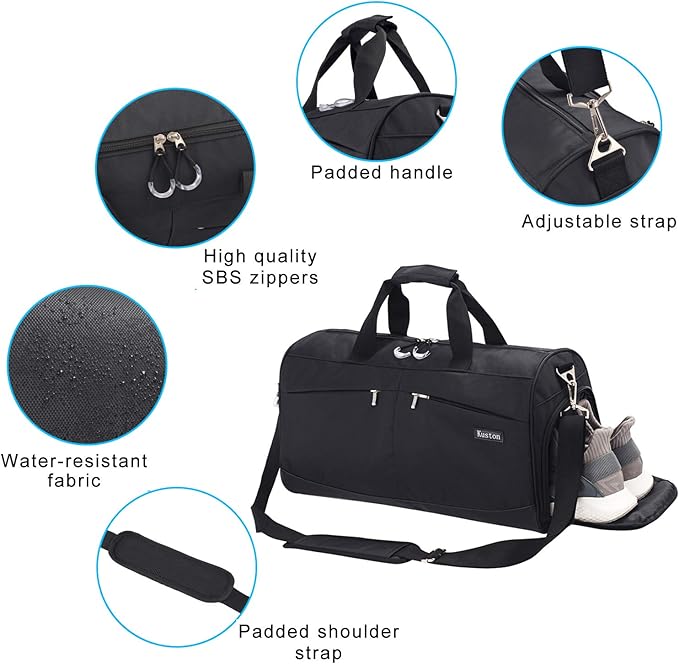 Kuston Sports Gym Bag with Shoes Compartment &Wet Pocket Gym Duffel Bag Overnight Bag for Men and Women-Black