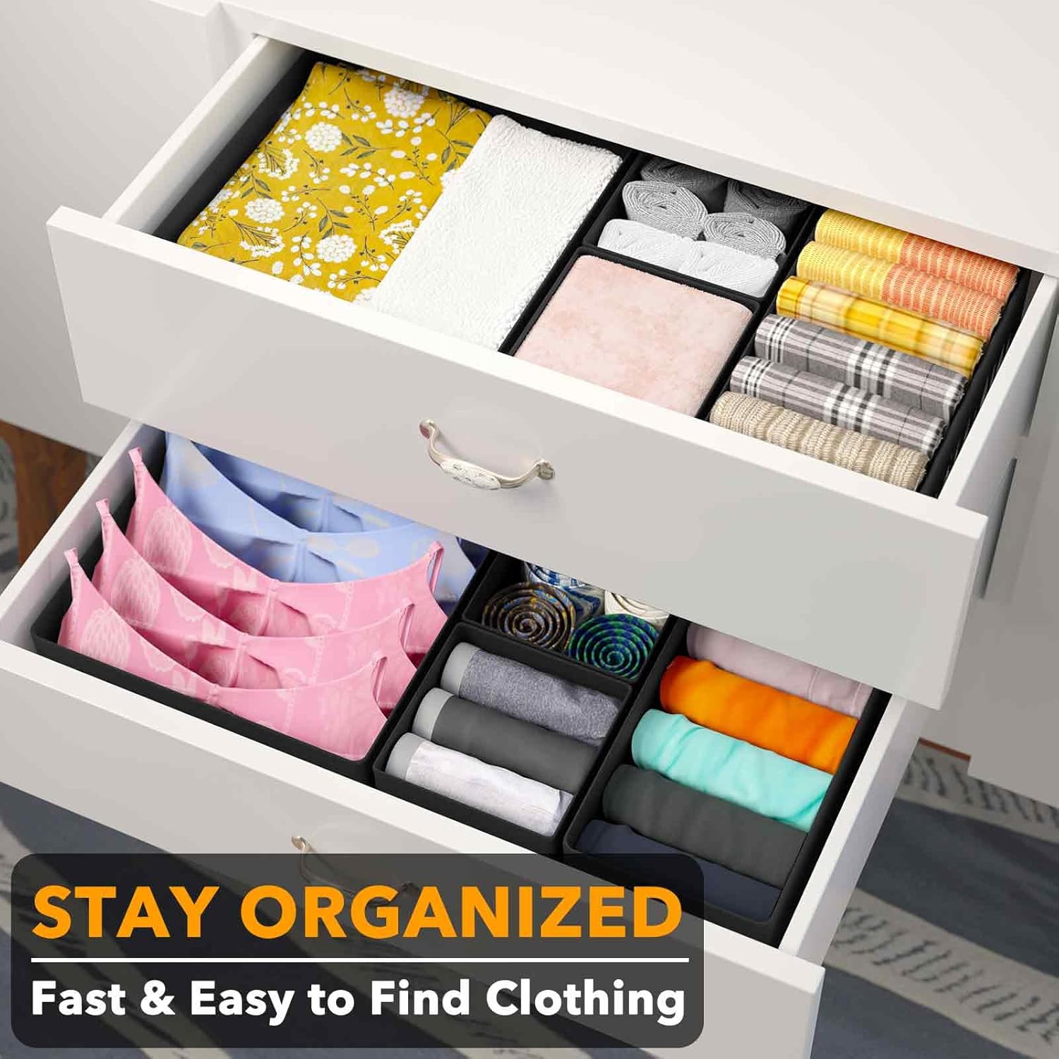 SpaceAid Drawer Organizer for Clothes, 18 Pack Dresser Drawer Organizer Bins, Closet Organizers and Storage Dividers for Clothing, Underwears, Socks (Black)