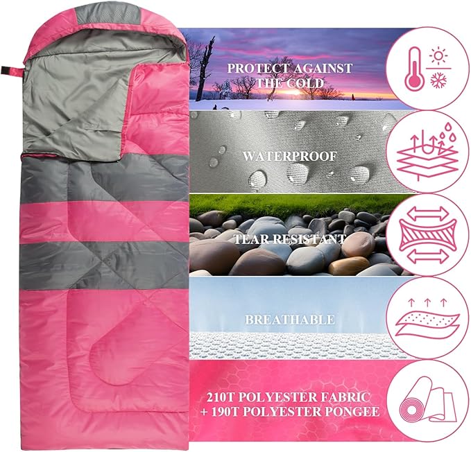 Sleeping Bags, Camping Sleeping Bag for Adults, 3 Season Warm & Cool Weather, Lightweight Waterproof Sleeping Bags for Indoor Outdoor Camping Traveling Backpacking, Pink/Blue/Black