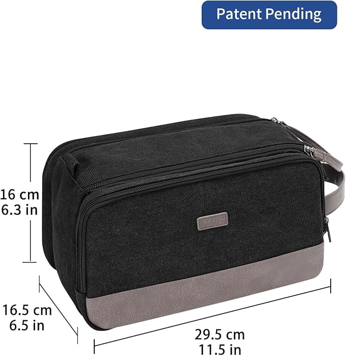 WANDF Toiletry Bag for Men Travel Toiletry Organizer Canvas and Leather Dopp Kit Water-Resistant Shaving Bag for Travel Accessories (Black, Patent Pending)