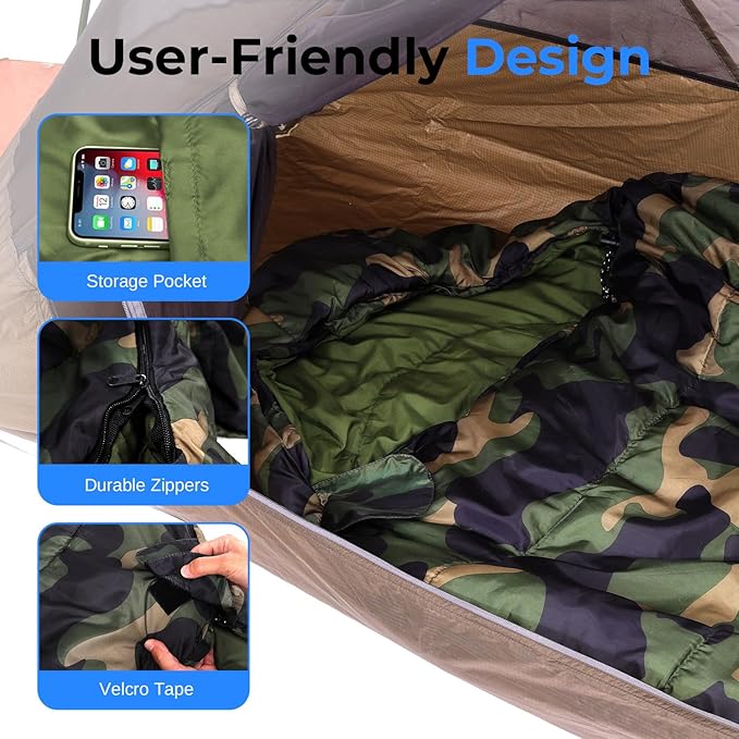 SereneLife 0 Degree Mummy Sleeping Bag – Military-Style, Lightweight & Waterproof for Extreme Cold, Stays Warm in 5–10°F, No-Snag Zipper, Compact Carry Bag & Travel Pillow for Camping & Backpacking