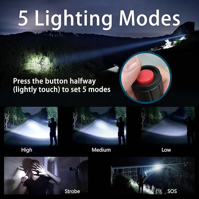 LED Flashlight, Bright 2500 Lumens Tactical Flashlight, 5 Modes Zoomable Beam, Waterproof & Durable for Camping, Outdoor, Home Emergency （2 Pack）