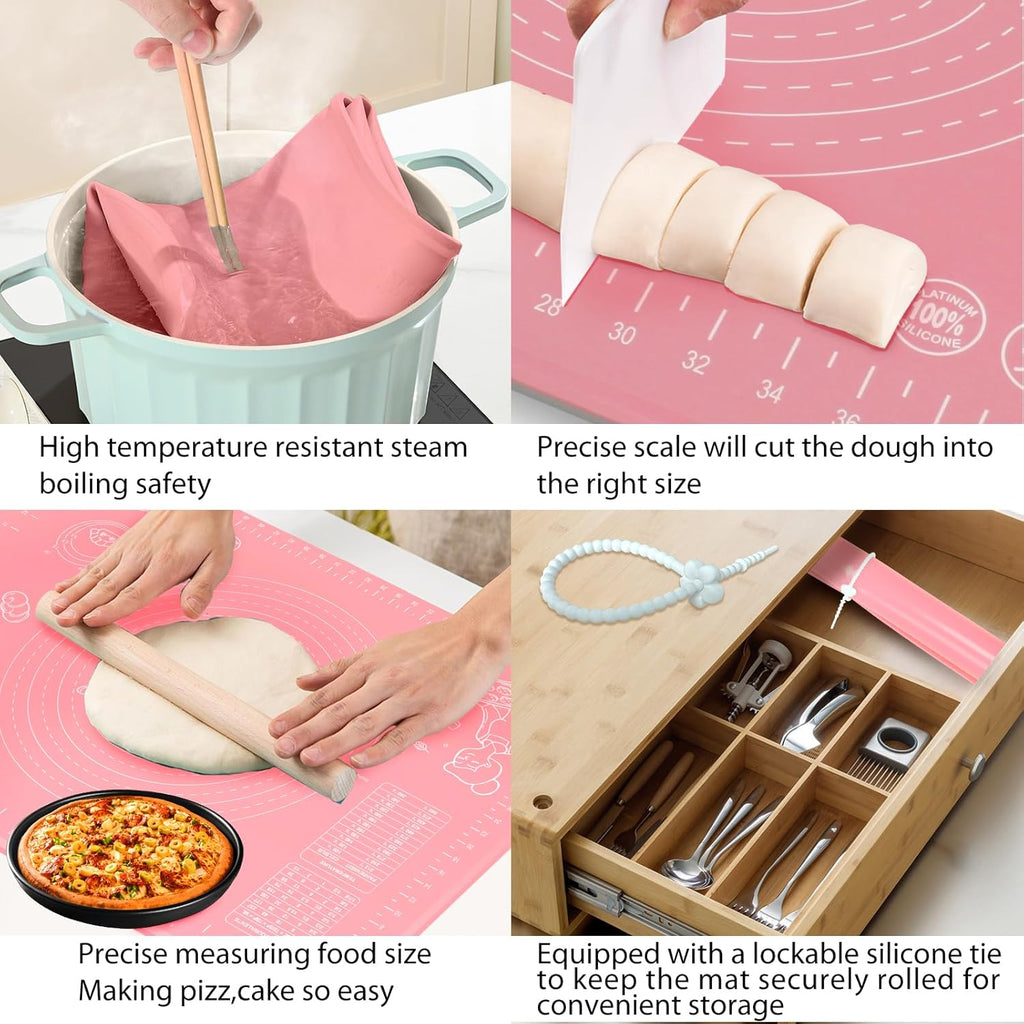 Silicone Pastry Mat 28" x 20" Extra Thick Non Stick Baking Mat with Measurements and Edge Heightening, Food Grade Silicone Rolling Mat for Pastry, Bread, Cookies, Pizza, Fondant, Pasta - Pink