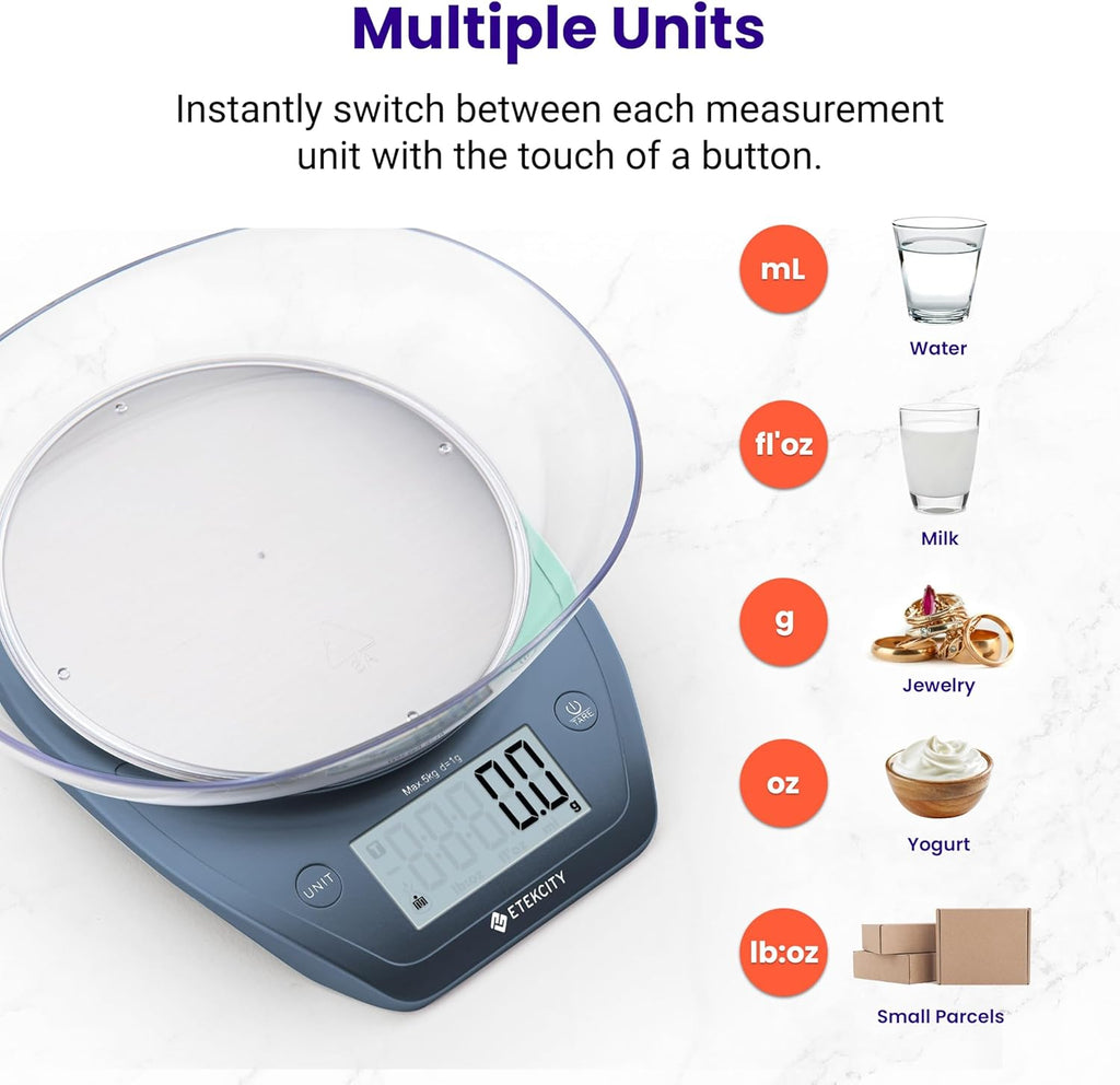 Etekcity 0.1g Food Scale, Bowl, Digital Grams and Ounces for Weight Loss, Dieting, Baking, Cooking, and Meal Prep, 11lb/5kg, Stainless Steel Prussian Blue
