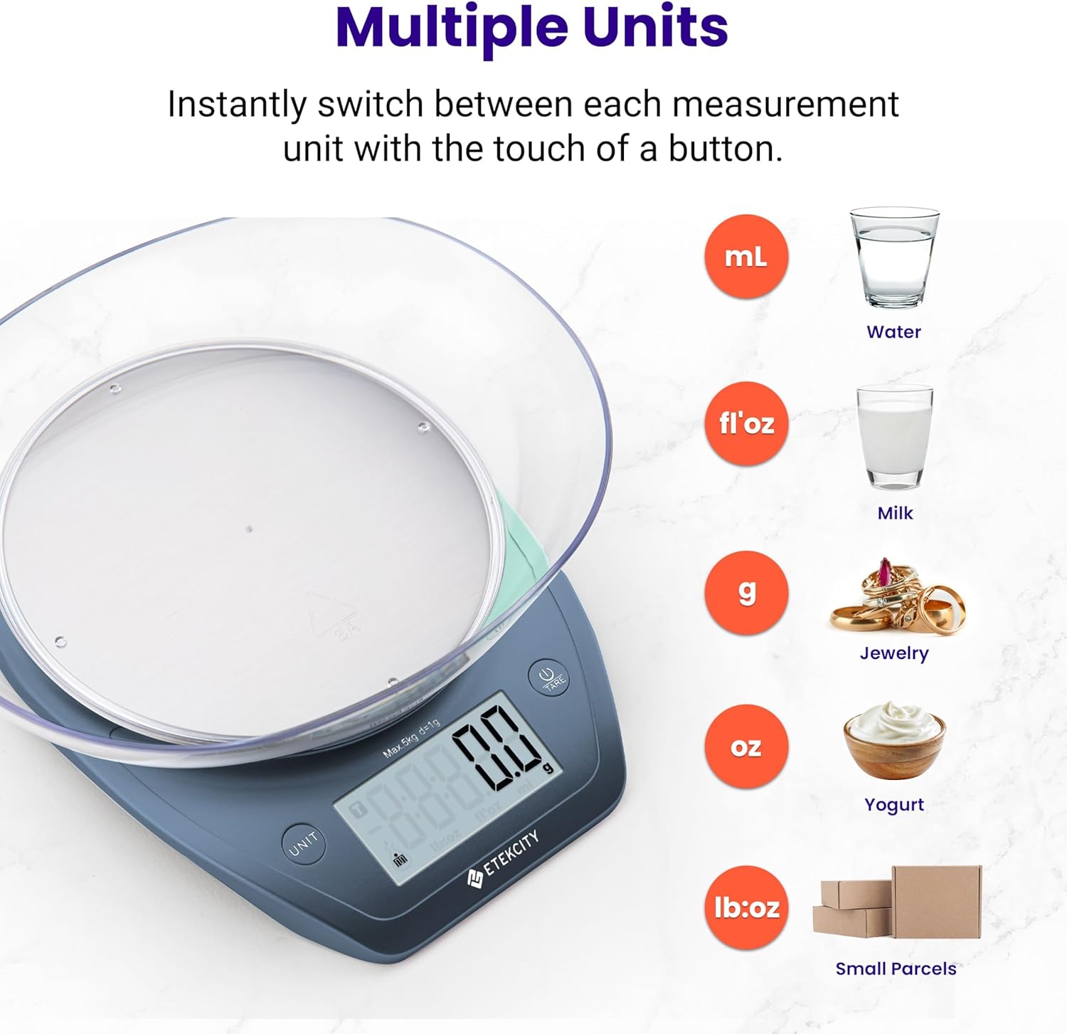 Etekcity 0.1g Food Scale, Bowl, Digital Grams and Ounces for Weight Loss, Dieting, Baking, Cooking, and Meal Prep, 11lb/5kg, Stainless Steel Prussian Blue
