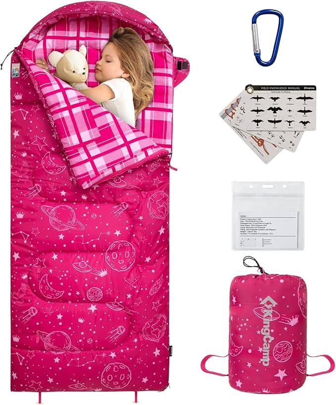 KingCamp 45°F Kids Sleeping Bag, Lightweight Waterproof & Compact Flannel Sleeping Bags Cold Weather & Warm Youth Essentials Gear Accessories for Camping, Fits 10-12 Children up to 5'5" Tall
