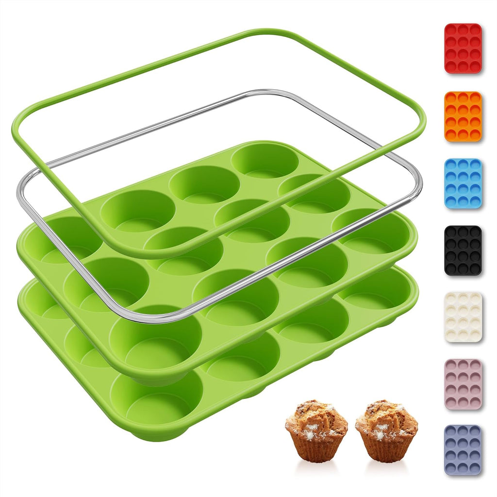2 Pack 12 Cups Silicone Muffin Pan with Metal Reinforced Frame Regular Size Silicone Molds Cupcake Cake Baking Pans Cookie Baking Chocoflan Cupcake Mold Kitchen Baking Mold Tools for Cooking