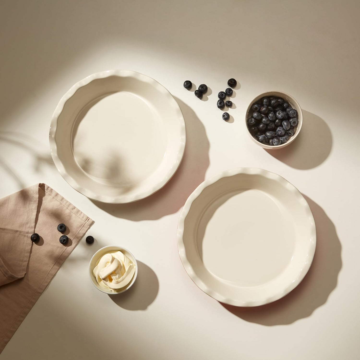 KooK Pie Pan, Ceramic Reusable Round Pie Dish, Quiche Baking Dish, Deep, Wave Edge, For Cakes, Tart, Casseroles, Tarts, Microwave, Oven and Dishwasher Safe, 9-Inch, 36 oz, Set of 2, Ivory