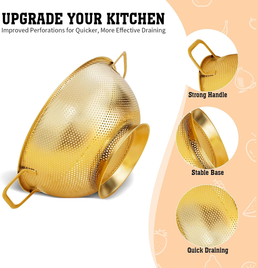 3 Pcs Stainless Steel Gold Colander and 3 Pcs Fine Mesh Strainer Set,1/3/5 Quart Metal Mesh Basket with Handles for Kitchen, Draining Pasta, Rinsing Fruit, and Cooking (Gold)