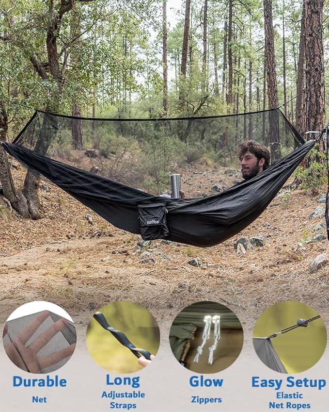 Sunyear Hammock Camping with Rain Fly Tarp and Net, Portable Camping Hammock Double Tree Hammock Outdoor Indoor Backpacking Travel & Survival, 2 Tree Straps,100% Waterproof