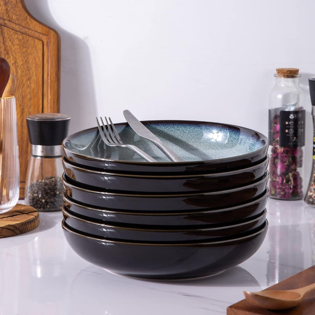 LERATIO Large Pasta Bowls,38oz Ceramic Pasta Bowls,9.0" Reactive Glaze Pasta Bowl Set of 6,Microwave & Dishwasher,Oven Safe,Wide Serving Bowls for Salad,Pasta,Fruit,Scratch Resistant-Gray White