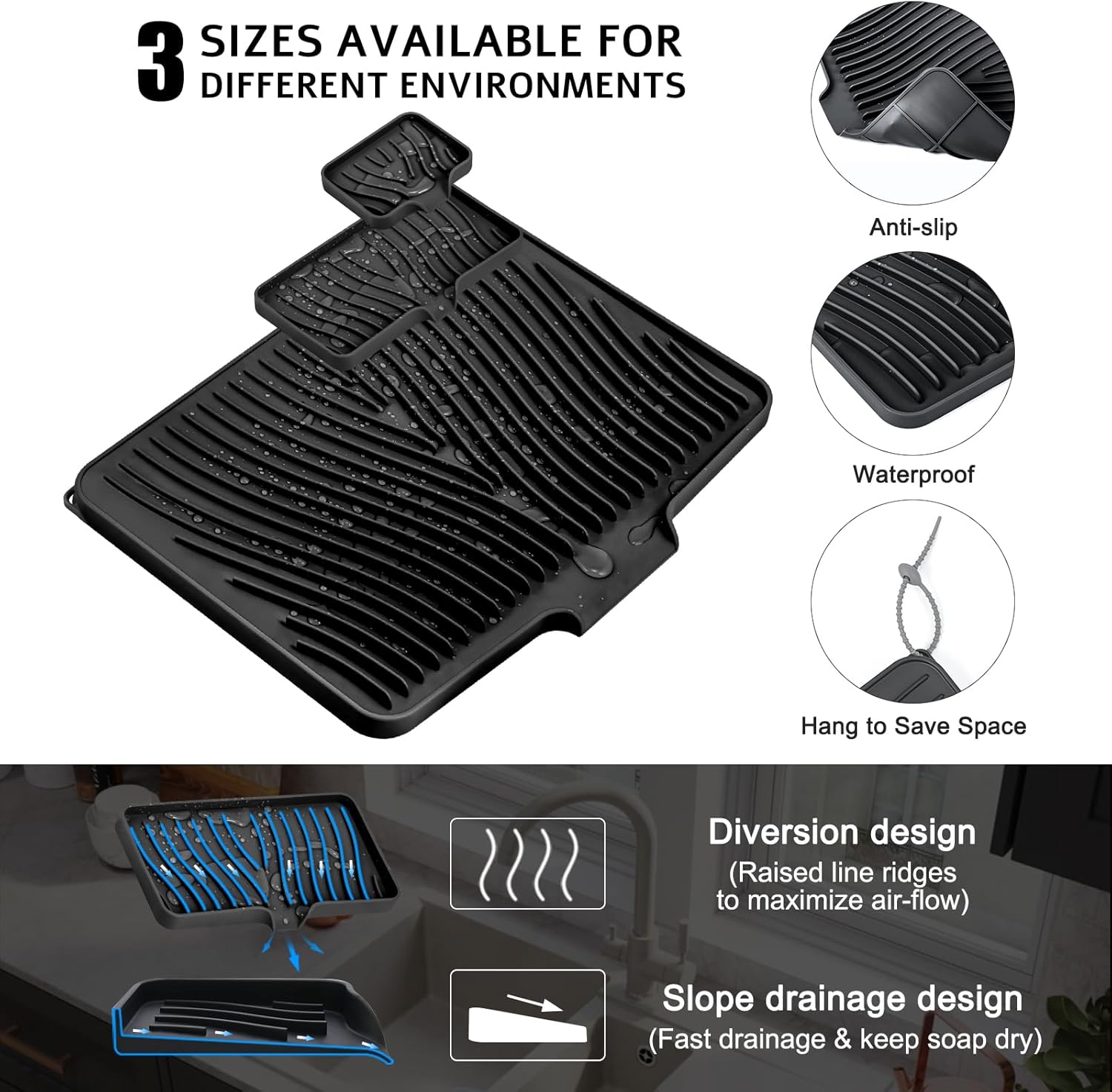 Silicone Dish Drying Mat for Kitchen Counter, Dish Drying Pad, Non-Slip Drain Pad with Built-in Drain, Heat Resistant Stone Drying Mat, 1 set XL(Black)