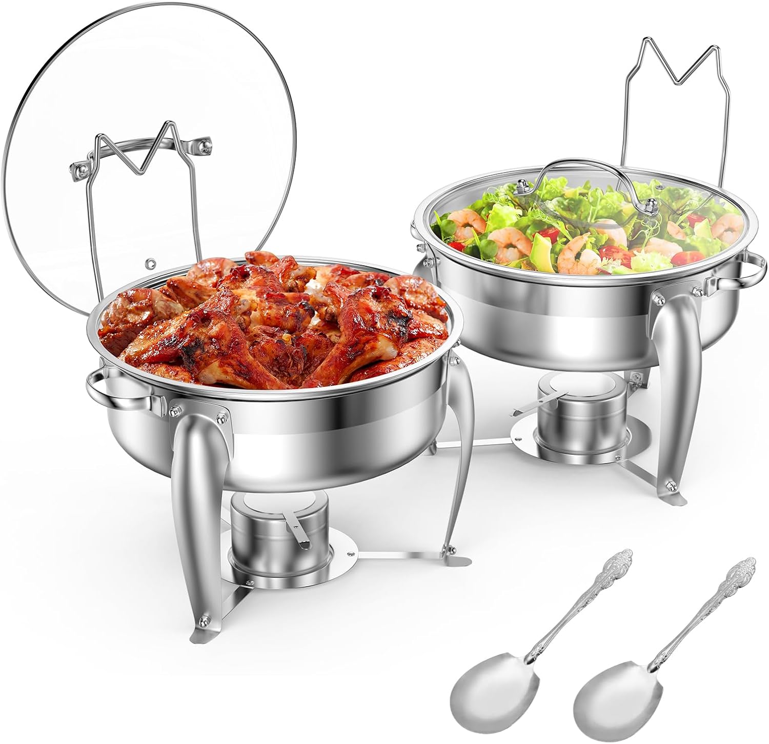 6 QT Chafing Dish Buffet Set with Serving Spoons, 2 Packs Stainless Steel Round Chafing Dishes with Glass Lid & Lid Holder, Food Warmers for Parties Buffet Weddings Catering Events