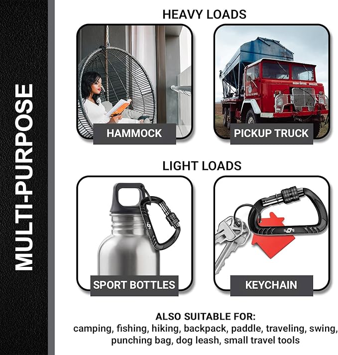 12kN (2697 lbs) Heavy Duty, Locking, Auto Locking, Wiregate Carabiner Clips, for Securing Pets, Outdoor, Camping, Hiking, Hammock, Dog Leash Harness, Keychains