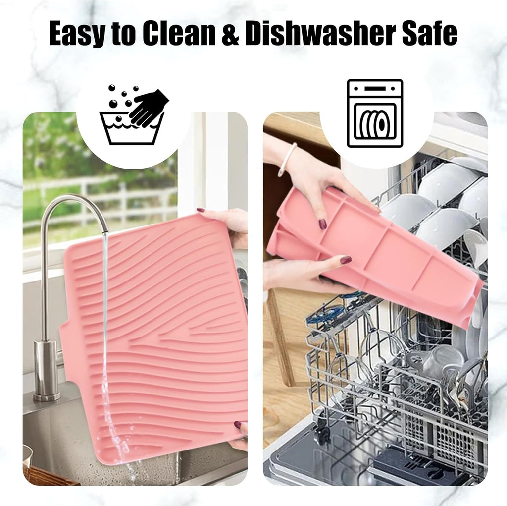 Silicone Dish Drying Mat for Kitchen Counter, Dish Drying Pad, Non-Slip Drain Pad with Built-in Drain, Heat Resistant Stone Drying Mat(15.8" x 13", Pink)