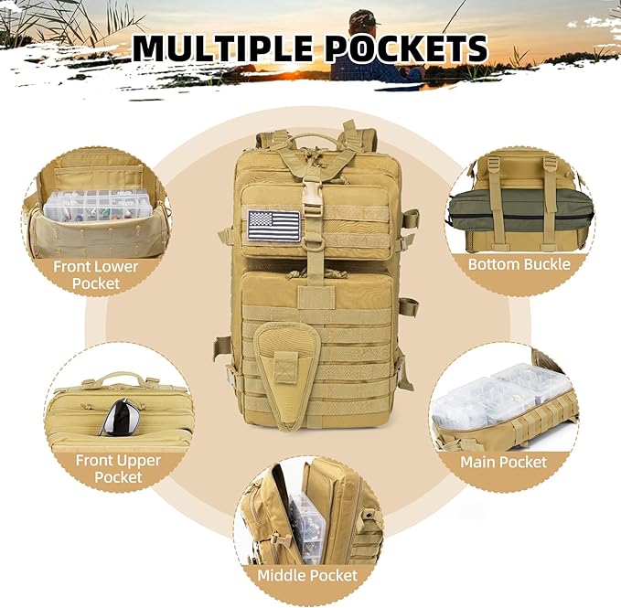 45l Large Fishing Tackle Backpack with Removable Plier Holder & Rod Holders, Khaki Tactical Bag, Fishing Gear and Tackle Box Organizer, Hiking Rucksack without Tackle Box
