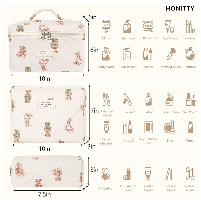 Makeup Bag,Quilted Cosmetic Bag,Large Floral Make Up Bag for Women,Cotton Makeup Bag Set,Flower Travel Toiletry Bag