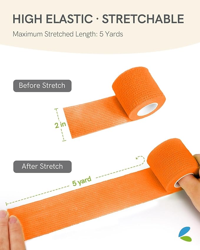 FriCARE Self Adhesive Bandage Wrap, Medical Tape in First Aid Kit, Cohesive Bandages for Wounds Sport Vet, FSA/HSA Eligible, 2 Inches X 5 Yards 6 Rolls, Orange