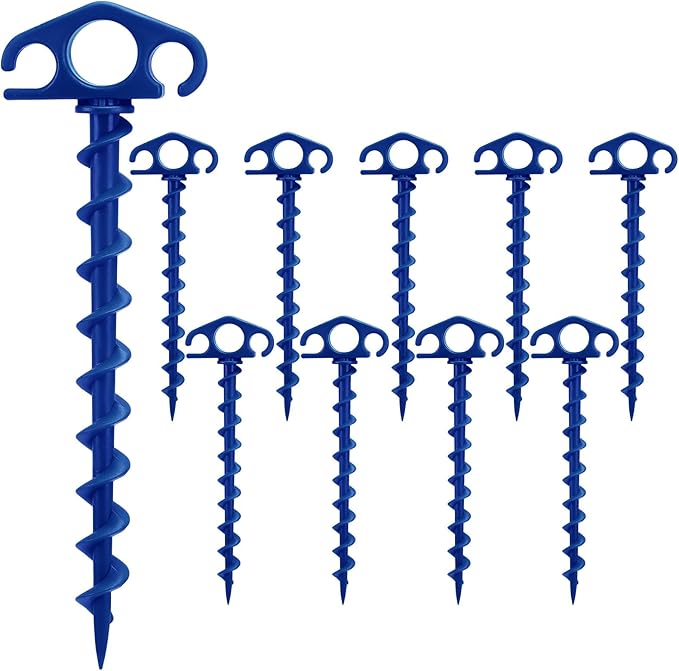 Tent Stakes Sand Stakes for Beach Tent 10 Pack Spiral Anchor Stakes 9.4 Inch Heavy Duty Screw Canopy Stakes for Camping, Hiking and More (10, Blue)