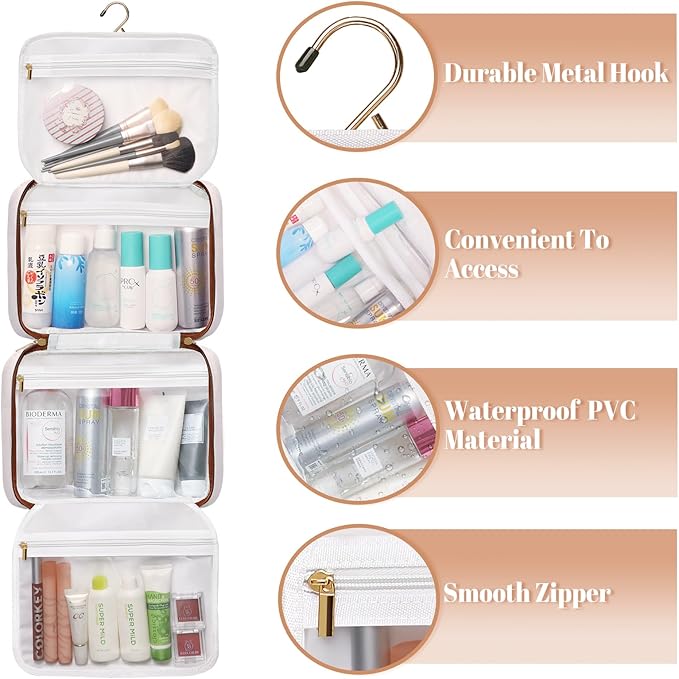 Hanging Travel Toiletry Bag,Large Capacity Cosmetic Travel Toiletry Organizer for Women with 4 Compartments & 1 Sturdy Hook,Perfect for Travel/Daily Use/Christmas