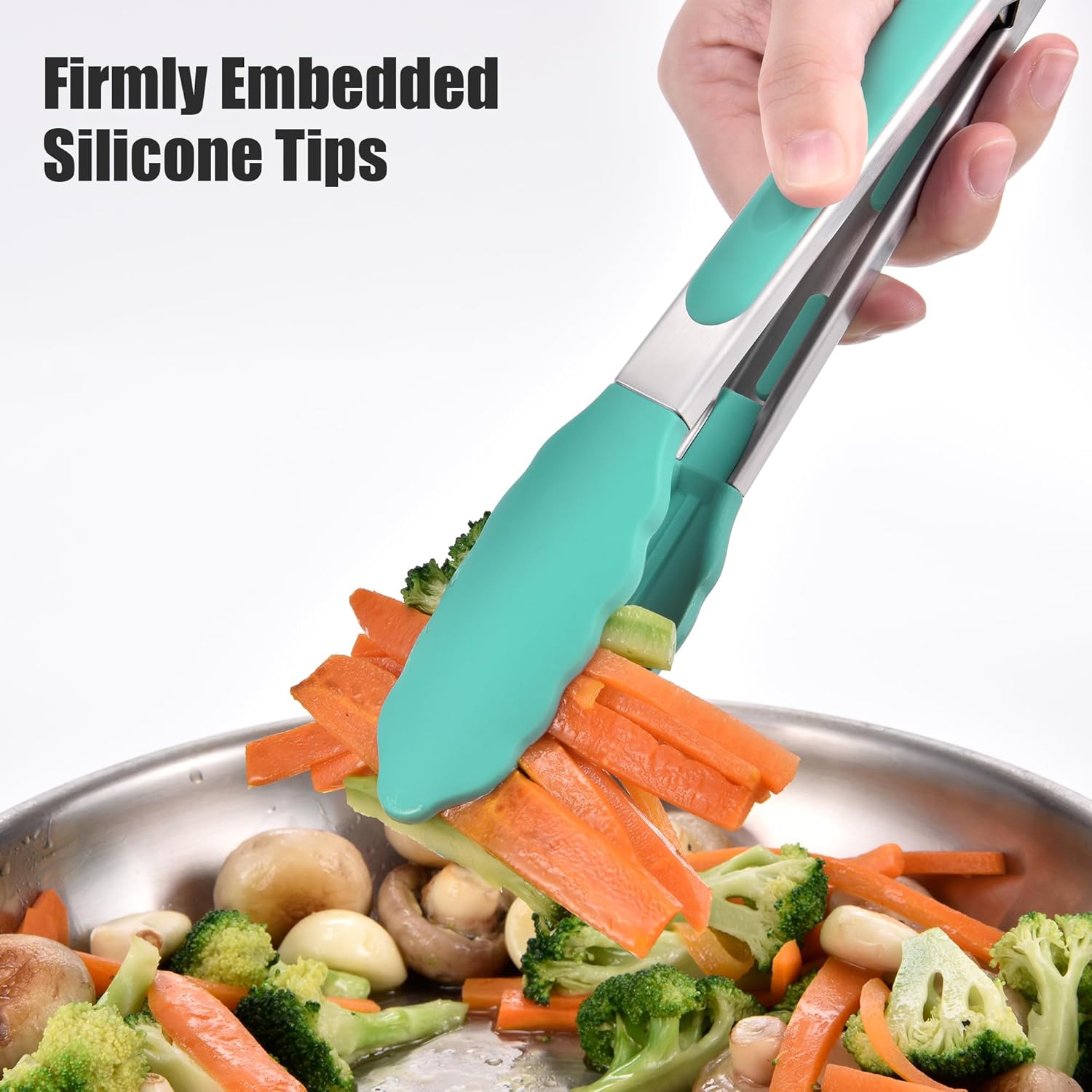 Doosu Kitchen Tongs for Cooking - 600°F Heat Resistant Food Tong Set with Non-Scratch Silicone Tips, Heavy Duty Stainless Steel Locking Tong for BBQ, Grilling Steak, Serving Salad (9+12in, Aqua Sky)