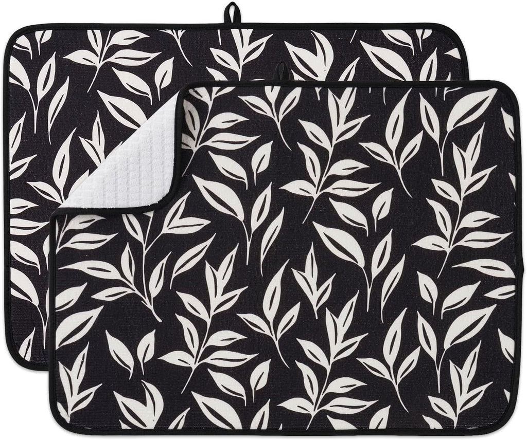 FRESHMINT Printed Dish Drying Mats for Kitchen Counter 2 Pack Absorbent Reversible Drying Mats Microfiber Kitchen Countertop Protector Dishes Drying Pad Extra Large 18"x24" Dish Mat