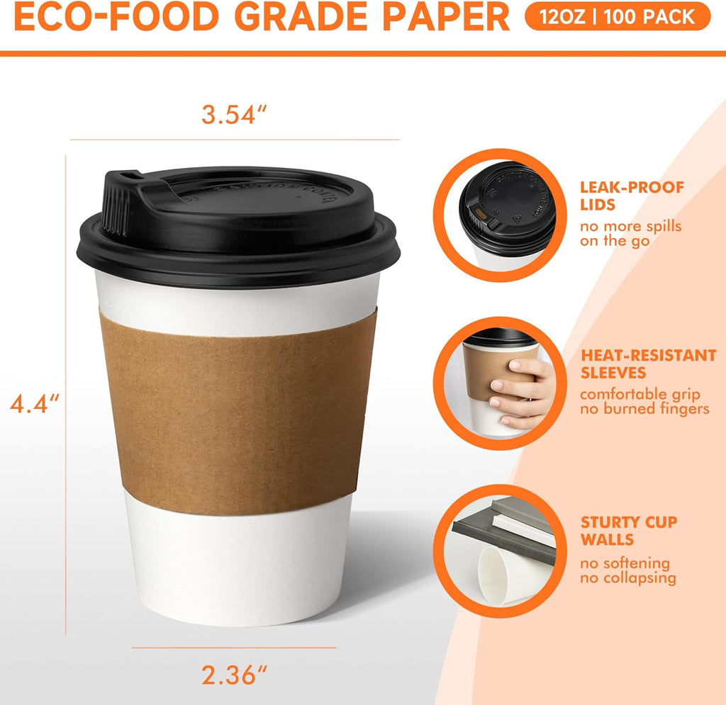 100 Pack 12 oz Disposable Coffee Cups with Lids and Sleeves, Paper Coffee Cups for Hot/Cold Drinks, Leak-Proof To Go Cups with Lids for Home, Cafes, Events and Office